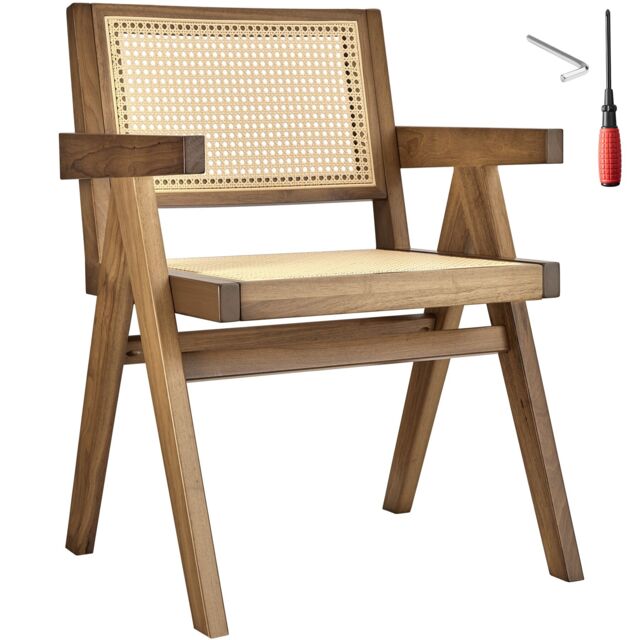 Dining Chair Lizzy with Mid-Century Modern Design, Rattan Backrest and Solid Wood Frame Cream Light oak One Size 1