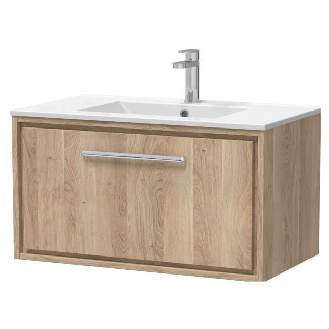 Balterley Longnor 1 Drawer Wall Hung Vanity Unit with 1 Tap Hole Minimalist Basin, Light Oak, 800mm