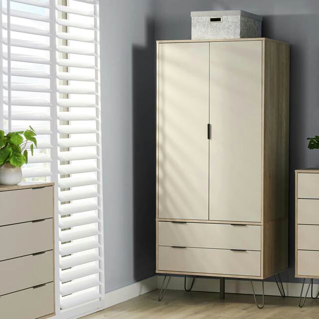 Augusta Industrial Style Pine Wardrobe with 2 Doors and 2 Drawers for Bedroom Storage Cream Cream One Size 1