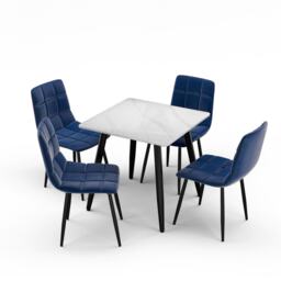 5-Piece Dining Set - 80cm Square Sintered Stone Table and 4 Velvet Chairs with Metal Legs White Gloss White & Blue 1