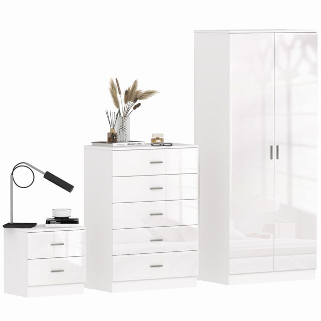 HOMCOM High Gloss 3 Piece Trio Bedroom Furniture Set Wardrobe, Chest Of Drawer, Bedside White White White 3