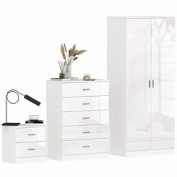 HOMCOM High Gloss 3 Piece Trio Bedroom Furniture Set Wardrobe, Chest Of Drawer, Bedside White