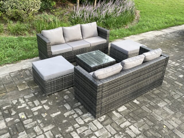 Fimous 8 Seater Rattan Garden Furniture Set Patio Outdoor Lounge Sofa Set with Square Coffee Table 2 Big Footstool Dark Grey Mixed