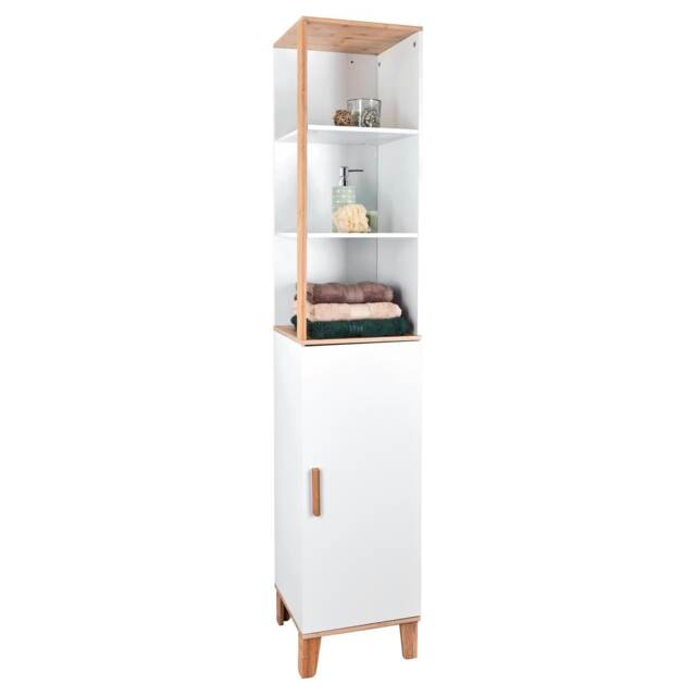 Showerdrape Catania Matt White & Bamboo Tall Bathroom Cabinet with Display Shelves White 1