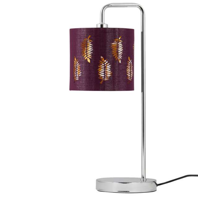 Chrome Arched Table Lamp with Burgundy Fern Cut Out Shade