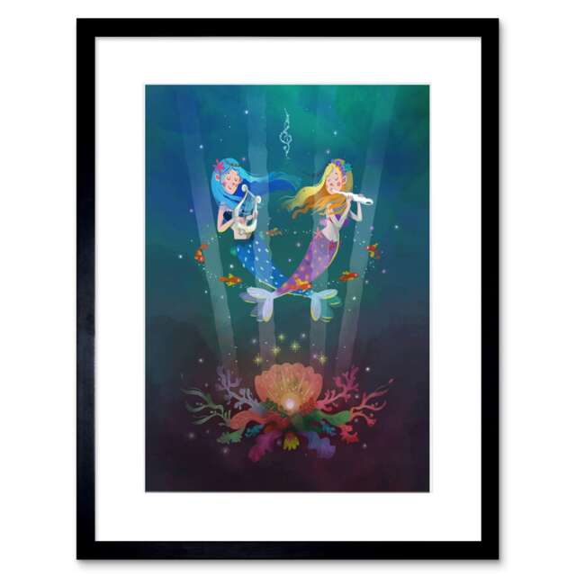 "Mermaid Music Underwater Song Cartoon Kids Bedroom 9x7"" Black Framed Wall Art Print"