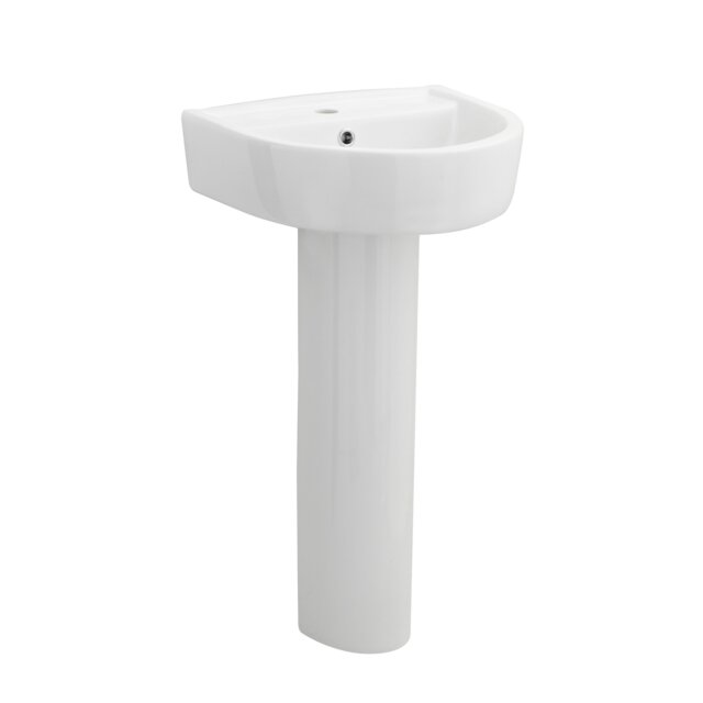 Balterley D Shape 1 Tap Hole Ceramic Basin & Full Pedestal, Compact Round Bathroom Sink White White