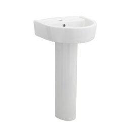 Balterley D Shape 1 Tap Hole Ceramic Basin & Full Pedestal, Compact Round Bathroom Sink White White