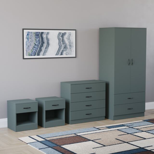 Vida Designs Riano 4 Piece Bedroom Set (2x 1 Drawer Bedside Chest, 4 Drawer Chest, 2 Door 2 Drawer Wardrobe) - Green