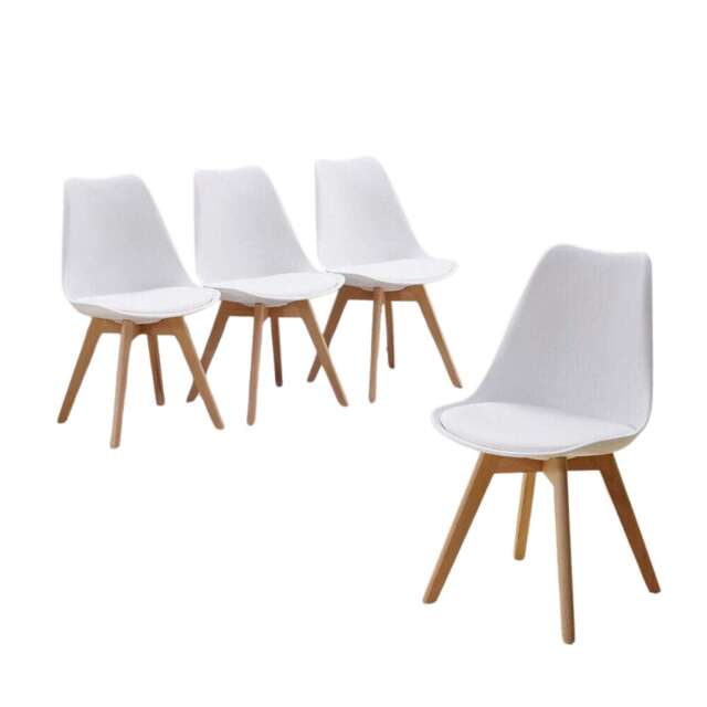 Dining Chairs Set Of 4 White Kitchen Plastic Tulip Chairs Wooden Legs Padded Seats