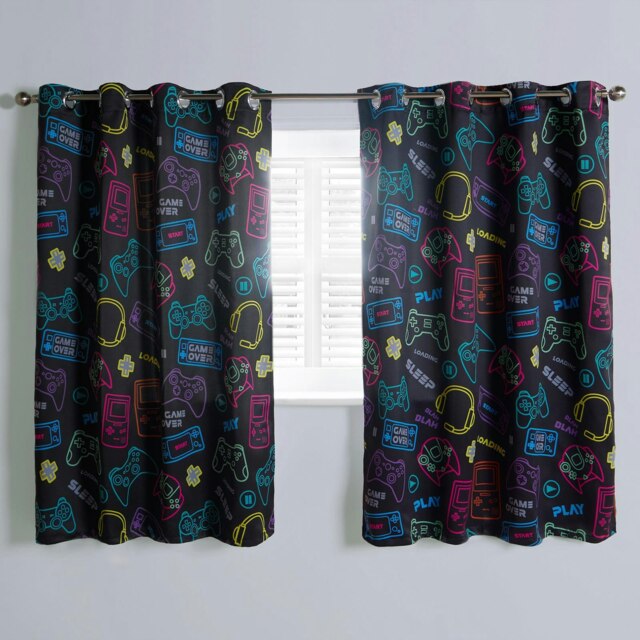 "OHS Kids Gaming Print Blackout Lined Eyelet Curtains, 46x54"" - Black"