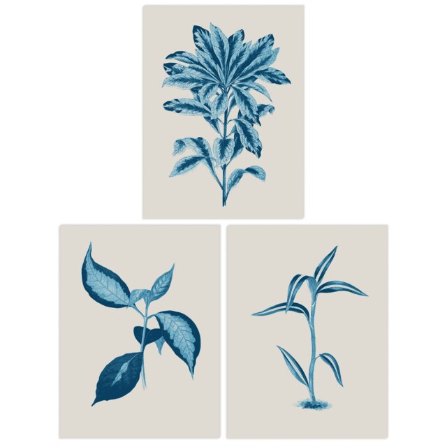 Set of 3 Modern Audubon Style Blue Beige Leafy Plant Botanical Wall Art Prints 12x16 Inch
