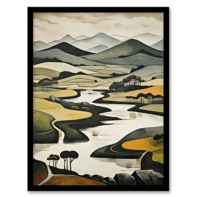 Scottish Highlands Stylised Oil Boho Home Decor Black Framed Wall Art Print A4