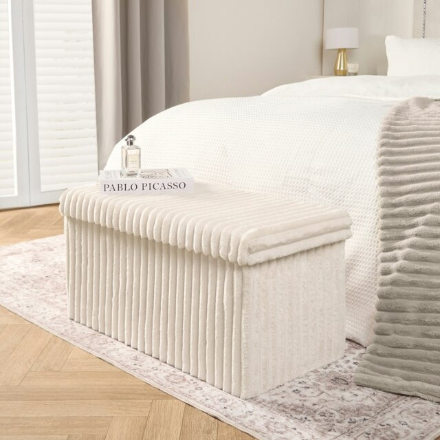 OHS Soft Fleece Ribbed Long Rectangle Foldable Footstool Seat Storage Organiser Ottoman Cream