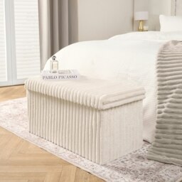 OHS Soft Fleece Ribbed Long Rectangle Foldable Footstool Seat Storage Organiser Ottoman Cream