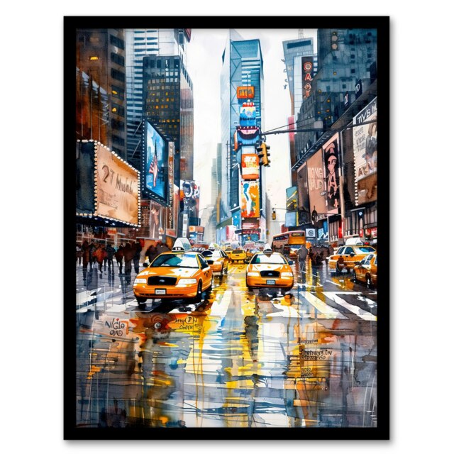 Times Square Taxis Billboards Watercolour Black Framed Wall Art Print A4