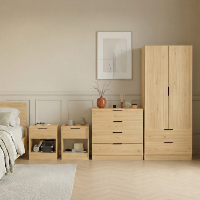 Vida Designs Trega 4 Piece Bedroom Set (1 Drawer Bedside Chest x2, 4 Drawer Chest, 2 Door 2 Drawer Wardrobe) Pine