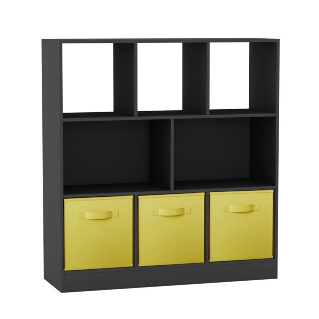 Asymmetrical 8 Black Cube Bookcase Shelf Storage Unit with 3 Fabric Drawer Inserts Multi Black & Yellow Drawer 1
