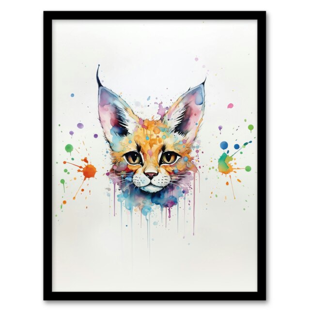 Cat Serval Watercolour Pet Portrait Home Decor Black Framed Wall Art Print A4