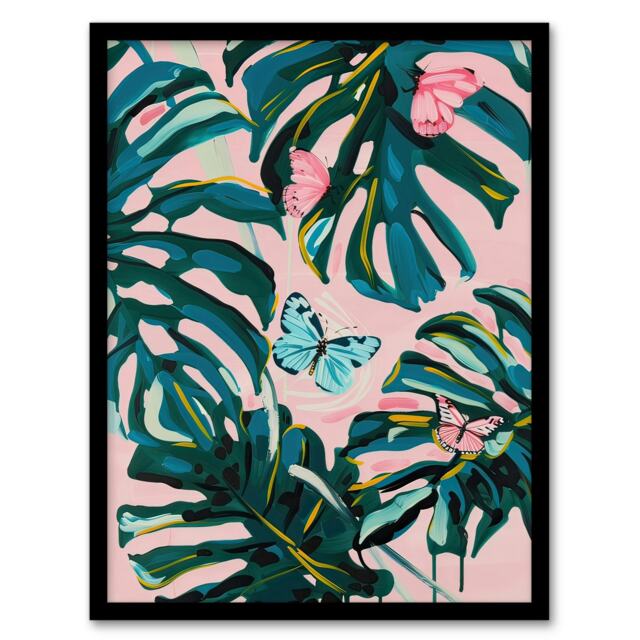 Pastel Butterflies Monstera Plant Pink Black Framed Wall Art Print A4