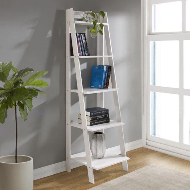 Mercers Furniture Corona White Ladder Bookcase Open Display Shelves Solid Wood Mexican Pine Wooden