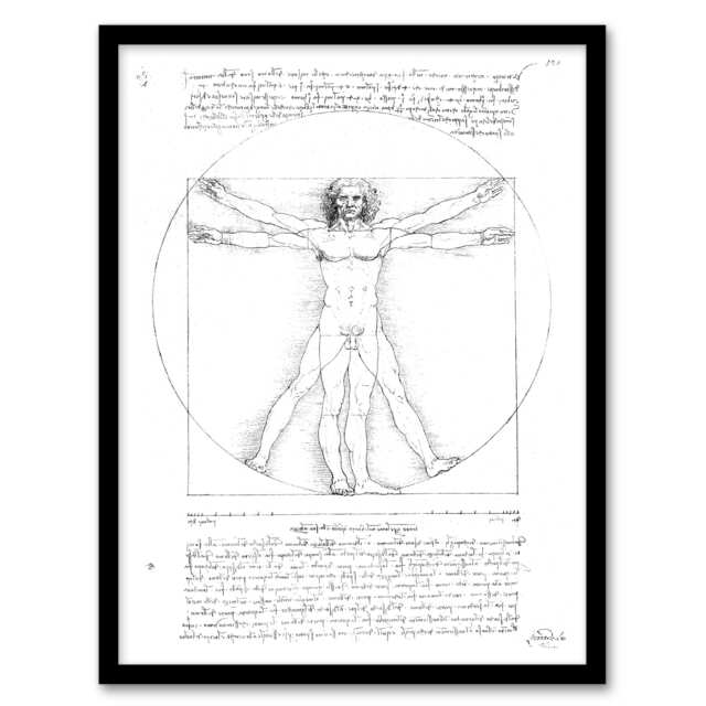 "Vitruvian Man Black and White da Vinci Vintage Framed Wall Art Print 12X16"""