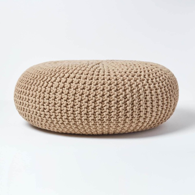 Homescapes Linen Large Round Cotton Knitted Pouffe Footstool