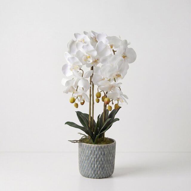 Homescapes Artificial White Orchid in Blue Ceramic Pot