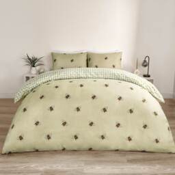 OHS Bee Check Reversible Print Duvet Quilt Cover Bedding Set, Double - Sage Green
