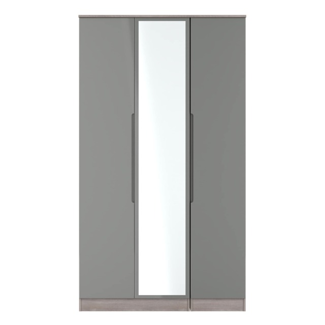 Lucca Tall Triple Mirrored Wardrobe in Grey Gloss & Grey Oak (Ready Assembled) Grey Grey Gloss & Grey Oak