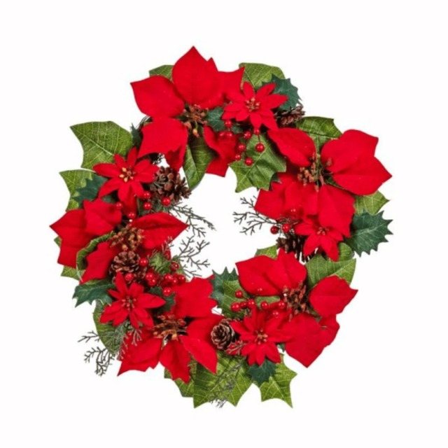 40cm Red Hanging Christmas Poinsettia Wreath with Berries and Pinecones