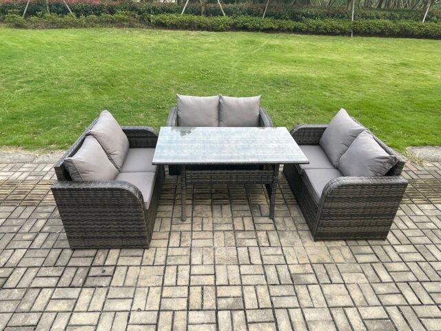 Fimous Wicker PE Rattan Sofa Outdoor Garden Furniture Set with Rectangular Dining Table Dark Grey Mixed