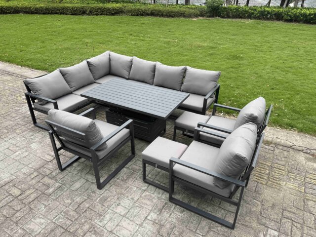 Fimous 10 Pieces Aluminium Garden Furniture Sets with Adjustable Rising Lifting Dining Table,Chair,2 Small Footstools 11 Seater Corner Sofa Set Dark Grey