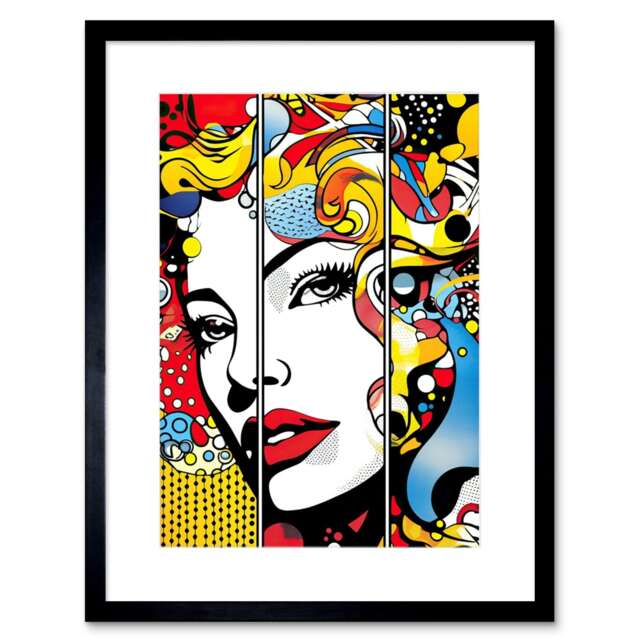 "Teen Girl Comic Style Vibrant Patterns Abstract Triptych 9x7"" Black Framed Wall Art Print"