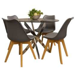 Round Glass Dining Table Set With 4 Grey Plastic Chairs Dining Room Furniture