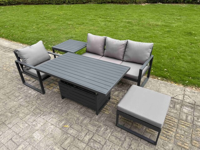 Fimous Aluminium Garden Furniture Set 5 Piece Aluminium Lounge Seating Adjustable Rising Lifting Dining Table Set with Side Table Big Footstool Dark Grey