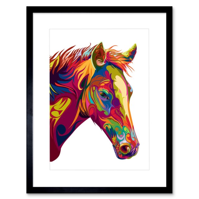 "Horse Head Animal Bright Modern Colourful Design 9x7"" Black Framed Wall Art Print"