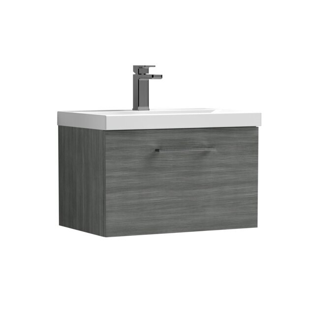 Balterley Wall Hung Bathroom 1 Drawer Vanity Unit & 1 Tap Hole Ceramic Basin, & Handle Grey Anthracite Woodgrain
