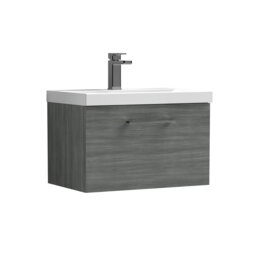 Balterley Wall Hung Bathroom 1 Drawer Vanity Unit & 1 Tap Hole Ceramic Basin, & Handle Grey Anthracite Woodgrain