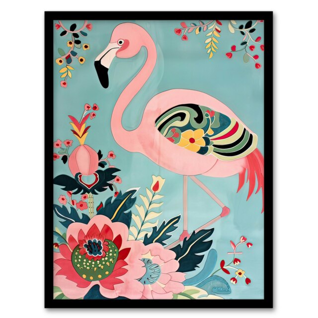 Exotic Flowers Pattern Vintage Style Flamingo Black Framed Wall Art Print A4