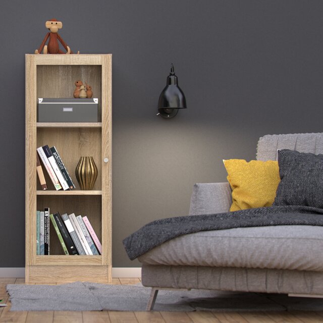 Basic Low Narrow Display Cabinet in Oak (2 Shelves) with Glass Oak Door