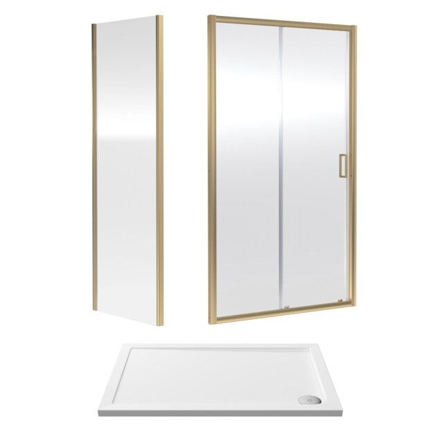 Balterley Sliding Shower Suite with Side Glass Panel & Resin Shower Tray Copper Brushed Brass 3