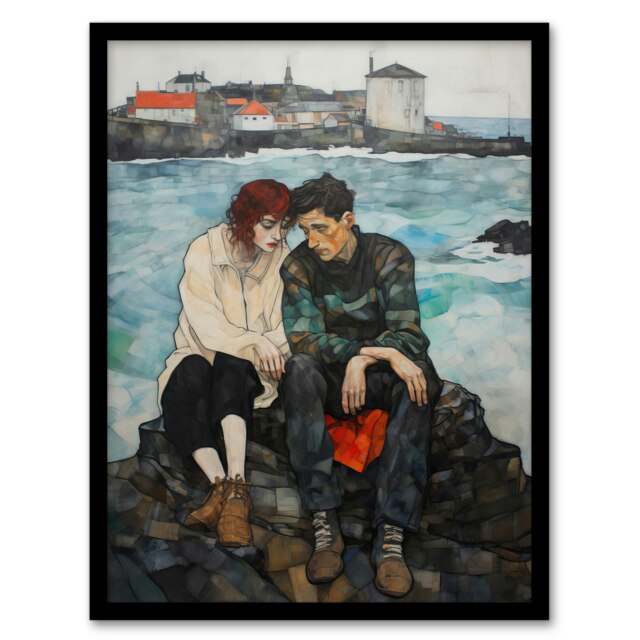 Heart to Heart Egon Schiele Style Couple Harbour Sea Black Framed Wall Art Print A4