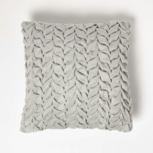 Homescapes Grace Pleated Grey Velvet Cushion - 45 x 45 cm Grey 45 x 45 cm 1