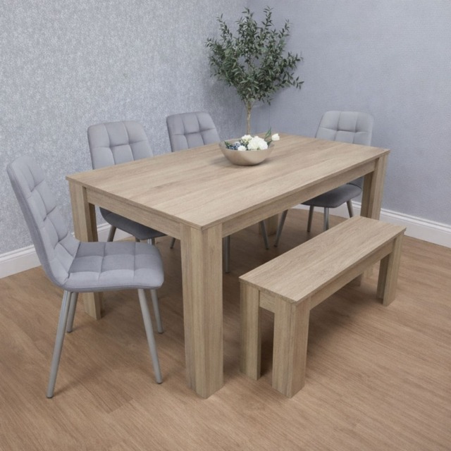 Dining Table and 4 Chairs With Bench Oak Effect Wood 4 Grey Velvet Chairs Dining Room