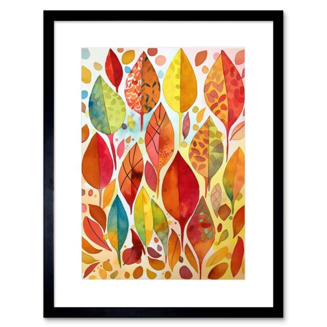 "Autumn Leaves Patterns Folk Art Watercolour 9x7"" Black Framed Wall Art Print"