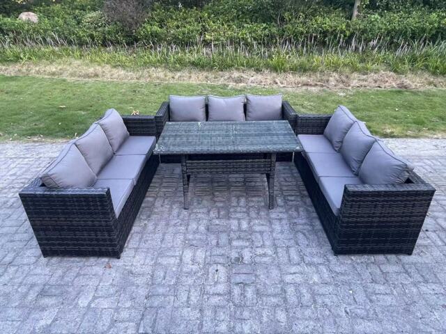 Fimous 9 Seater Outdoor Wicker Garden Furniture Rattan Lounge Sofa Set Patio Rectangular Dining Table Three Seater Sofa Dark Grey Mixed