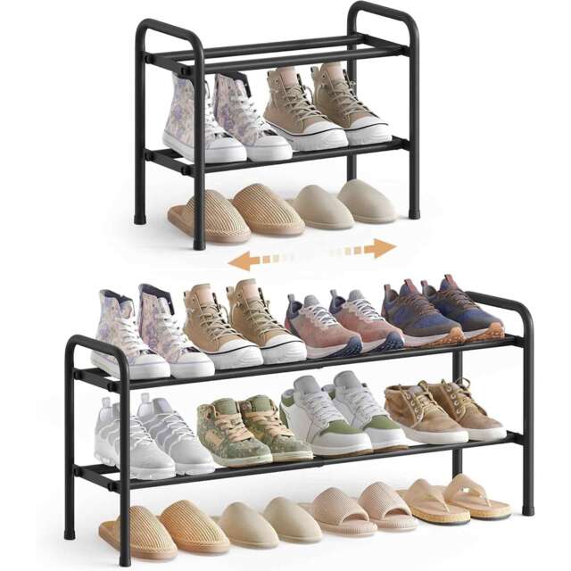 Expandable 2 Tier Shoe Rack, Adjustable Metal Shoe Storage Shelf for Hallway or Closet, Ink Black