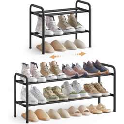 Expandable 2 Tier Shoe Rack, Adjustable Metal Shoe Storage Shelf for Hallway or Closet, Ink Black