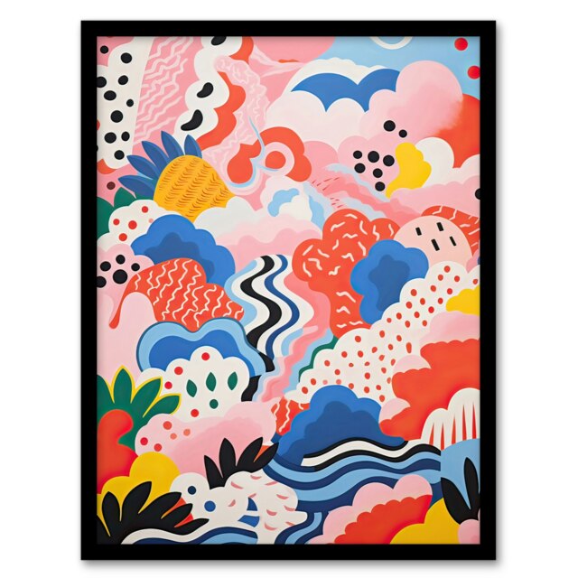 Candy Mountains Abstract Oil Pink Yellow Black Framed Wall Art Print A4